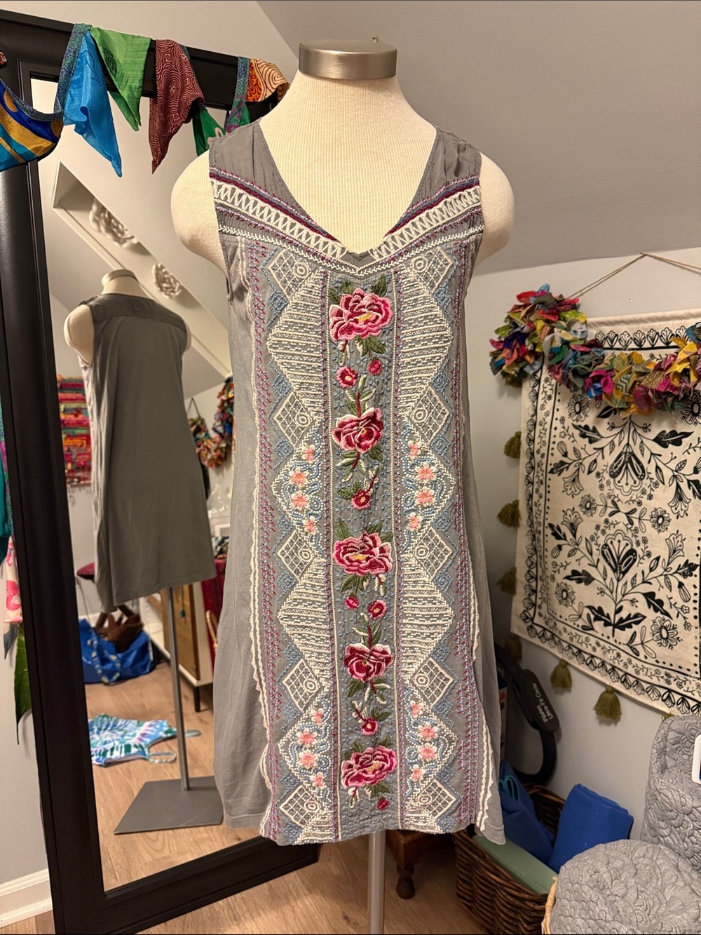 Johnny Was Grey Embroidered Midi Dress with Pink Floral Motif - Picture 1 of 8